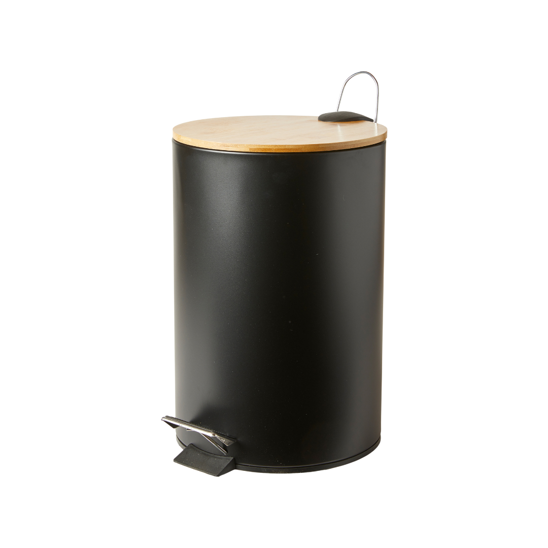 Pedalspand med Bambuslåg i Sort - 38 cm