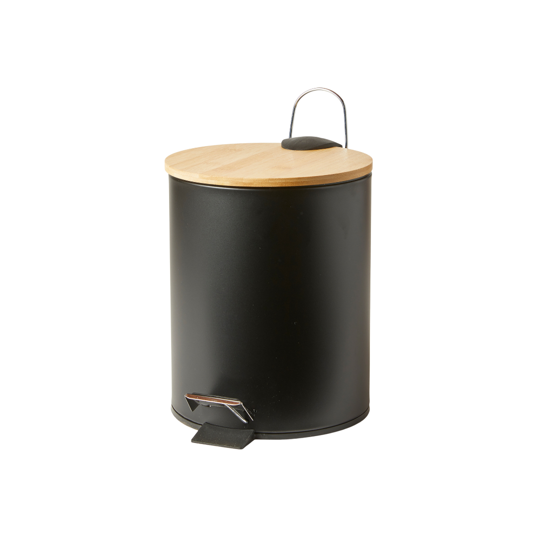 Pedalspand med Bambuslåg i Sort - 25,5 cm